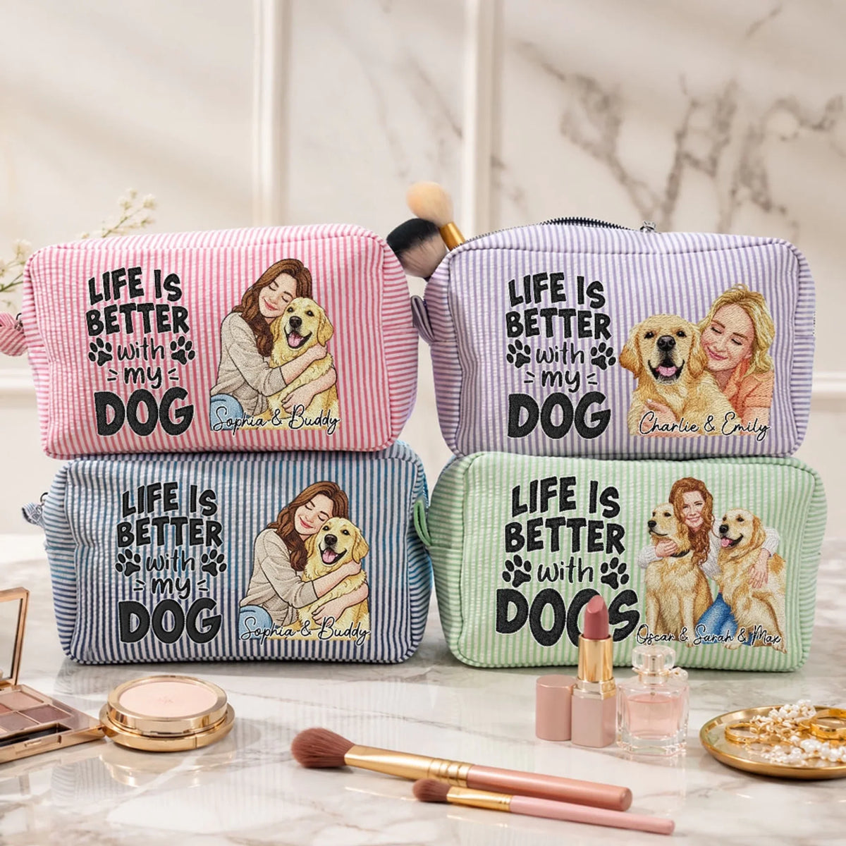 Custom Christmas Birthday Gifts For Dog Mom • Better Days Better Life - Personalized Seersucker Print Makeup Bag