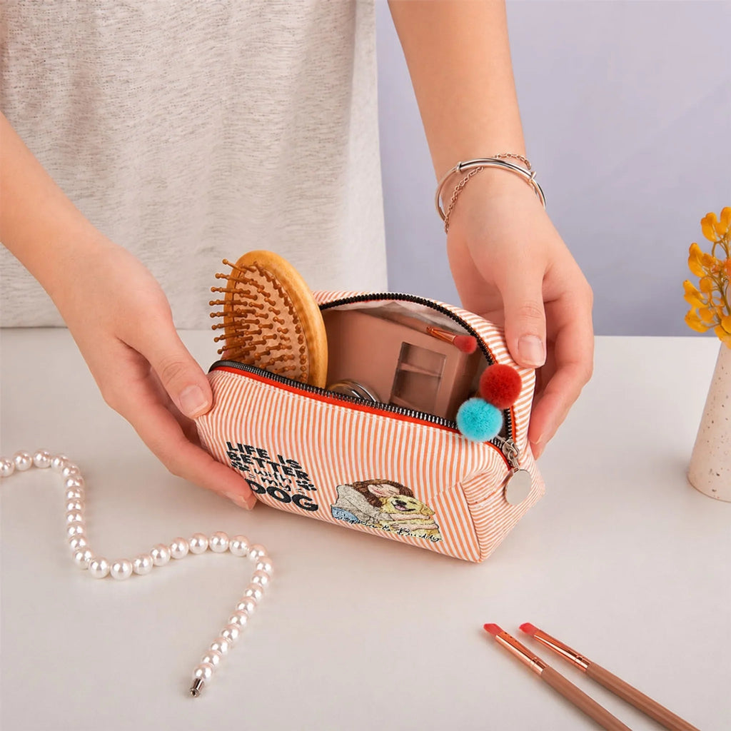 Custom Christmas Birthday Gifts For Dog Mom • Better Days Better Life - Personalized Seersucker Print Makeup Bag