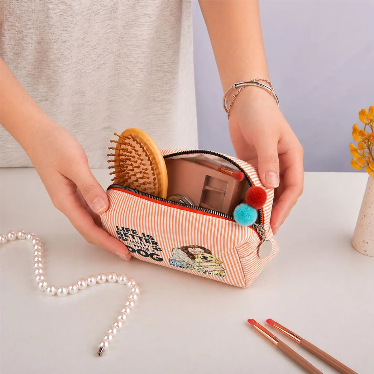Custom Christmas Birthday Gifts For Dog Mom • Better Days Better Life - Personalized Seersucker Print Makeup Bag