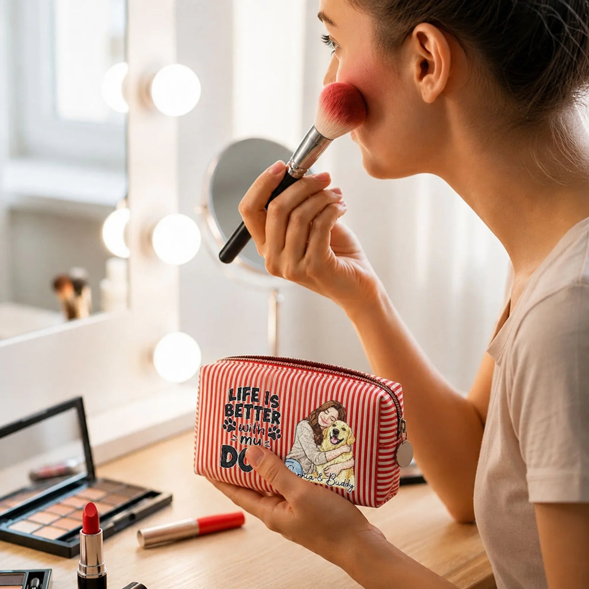 Custom Christmas Birthday Gifts For Dog Mom • Better Days Better Life - Personalized Seersucker Print Makeup Bag