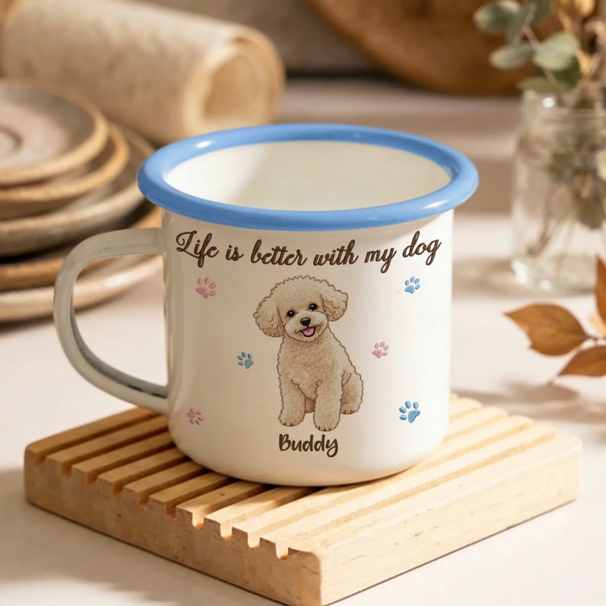 Life Is Better With My Dog - Personalized 12OZ Two-Tone Enamel Cups With Handle