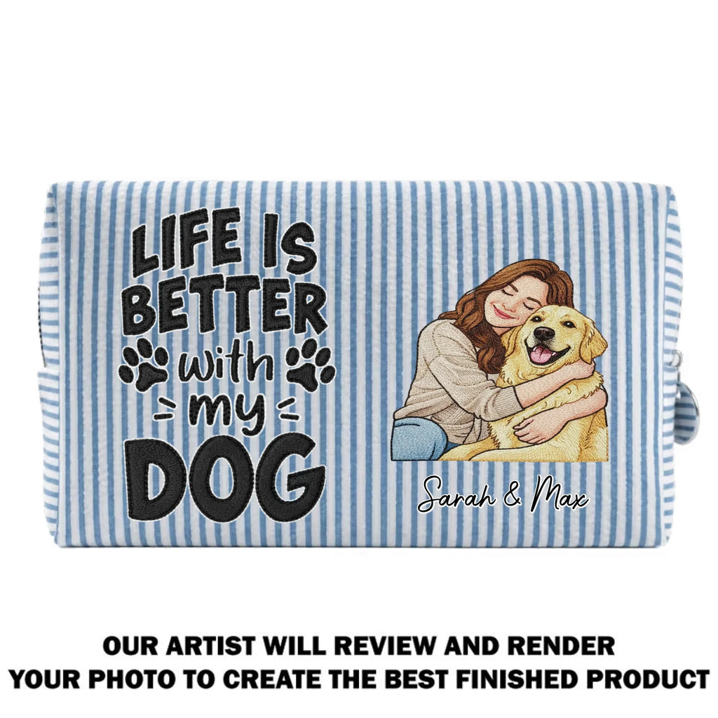 Custom Christmas Birthday Gifts For Dog Mom • Better Days Better Life - Personalized Seersucker Print Makeup Bag