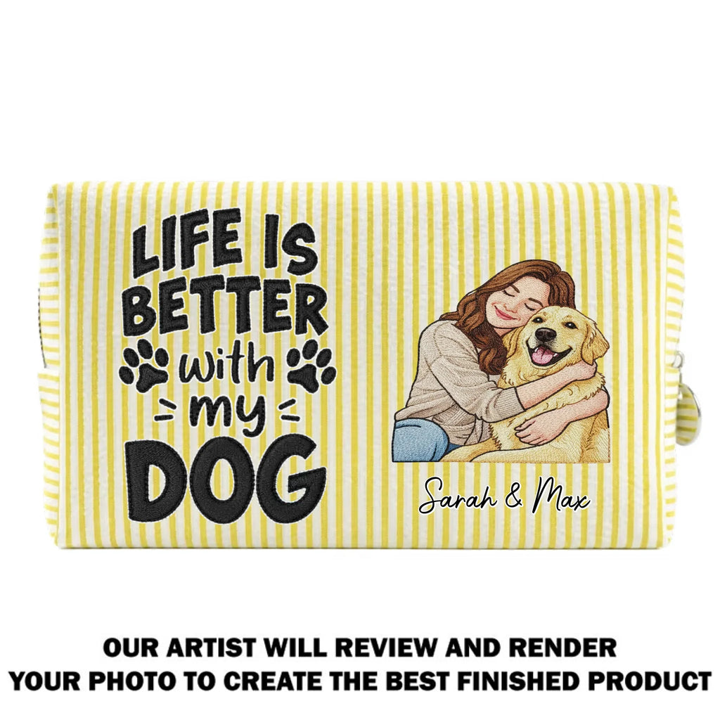 Custom Christmas Birthday Gifts For Dog Mom • Better Days Better Life - Personalized Seersucker Print Makeup Bag