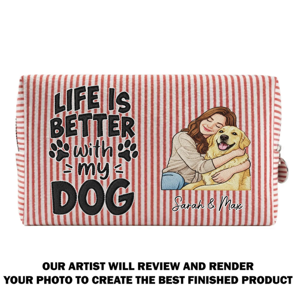 Custom Christmas Birthday Gifts For Dog Mom • Better Days Better Life - Personalized Seersucker Print Makeup Bag
