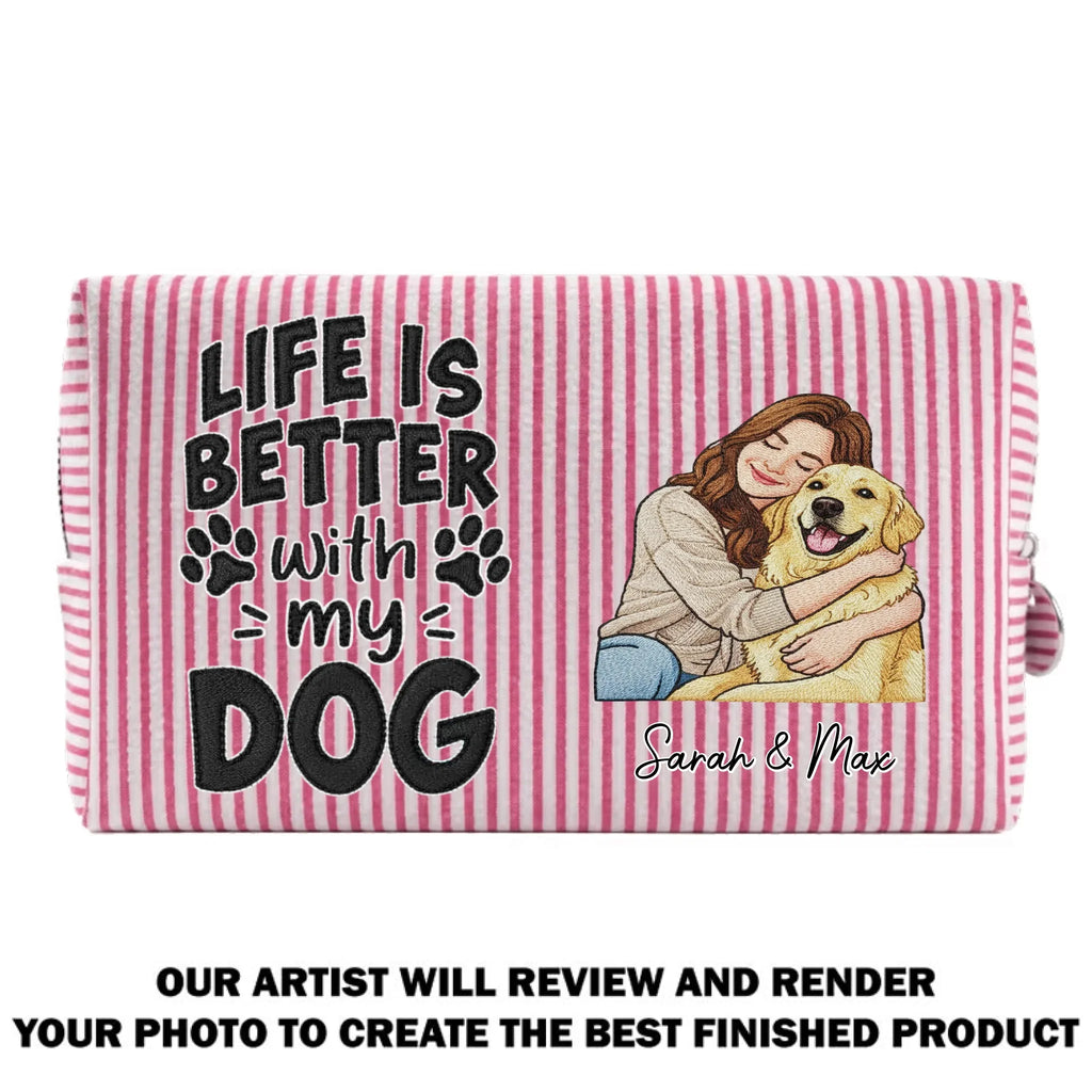 Custom Christmas Birthday Gifts For Dog Mom • Better Days Better Life - Personalized Seersucker Print Makeup Bag