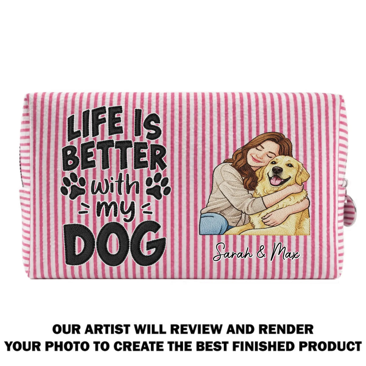 Custom Christmas Birthday Gifts For Dog Mom • Better Days Better Life - Personalized Seersucker Print Makeup Bag