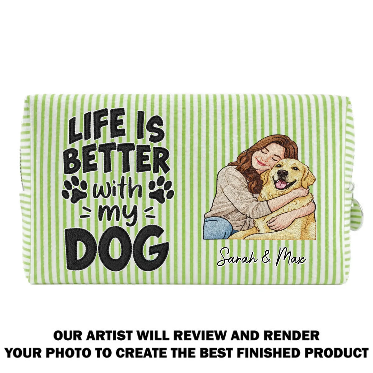 Custom Christmas Birthday Gifts For Dog Mom • Better Days Better Life - Personalized Seersucker Print Makeup Bag