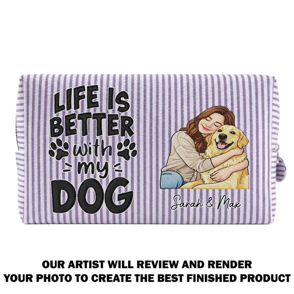 Custom Christmas Birthday Gifts For Dog Mom • Better Days Better Life - Personalized Seersucker Print Makeup Bag