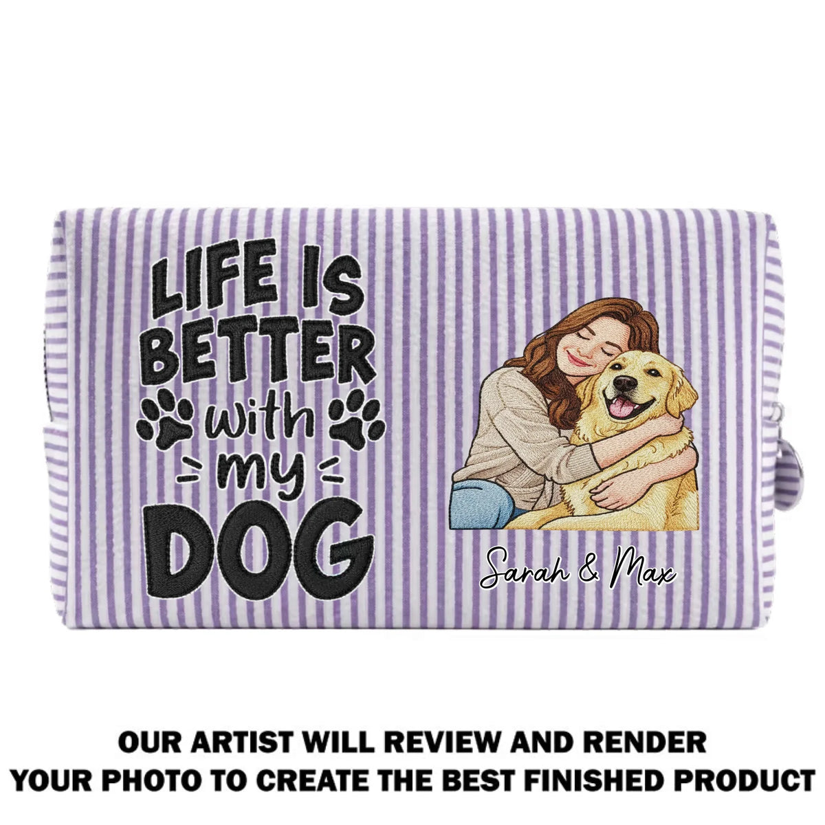 Custom Christmas Birthday Gifts For Dog Mom • Better Days Better Life - Personalized Seersucker Print Makeup Bag
