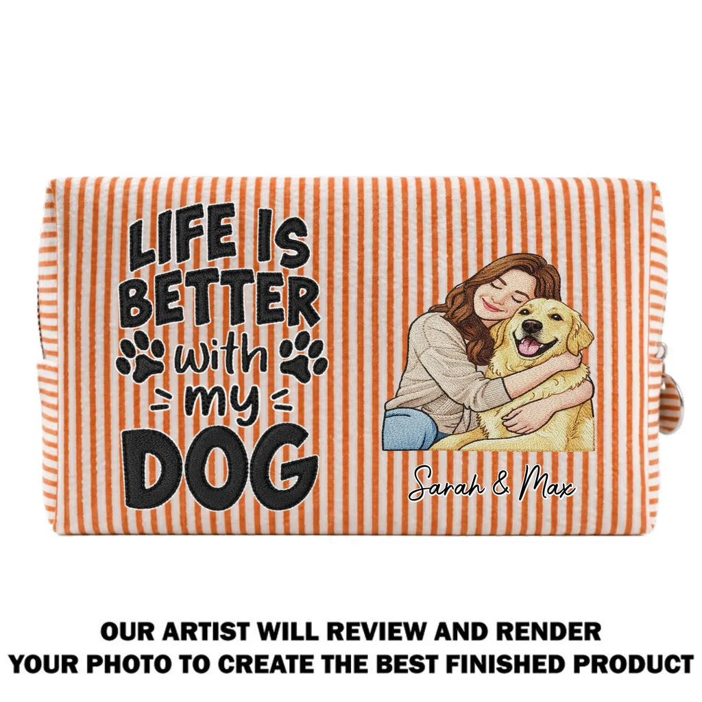 Custom Christmas Birthday Gifts For Dog Mom • Better Days Better Life - Personalized Seersucker Print Makeup Bag
