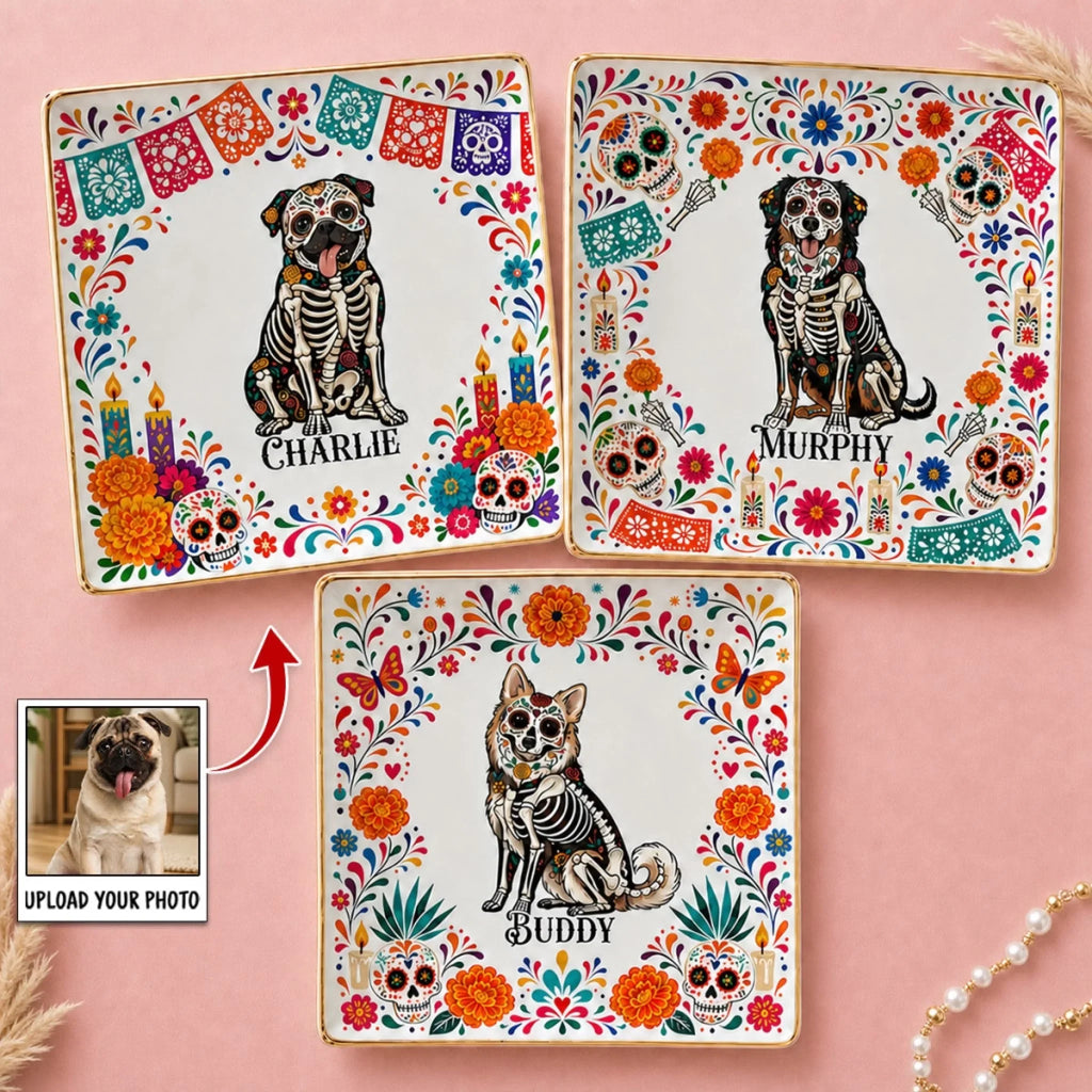 Custom Hispanic Dog Lovers Trinket Dish, Day of the Dead Gift for Dog Mom • Day Of The Dead - Personalized Jewelry Dish