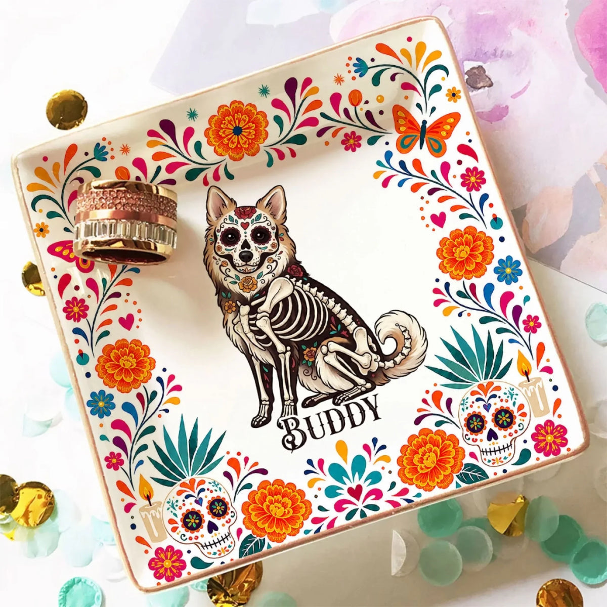 Custom Hispanic Dog Lovers Trinket Dish, Day of the Dead Gift for Dog Mom • Day Of The Dead - Personalized Jewelry Dish