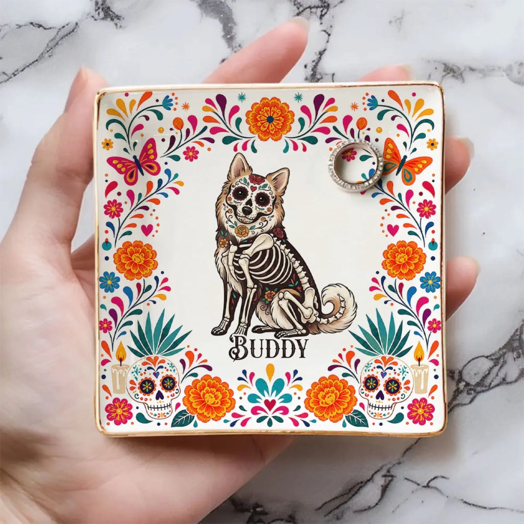 Custom Hispanic Dog Lovers Trinket Dish, Day of the Dead Gift for Dog Mom • Day Of The Dead - Personalized Jewelry Dish