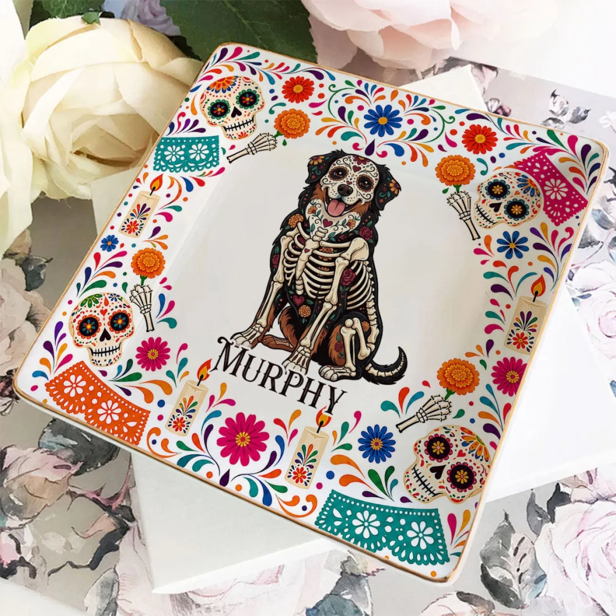 Custom Hispanic Dog Lovers Trinket Dish, Day of the Dead Gift for Dog Mom • Day Of The Dead - Personalized Jewelry Dish