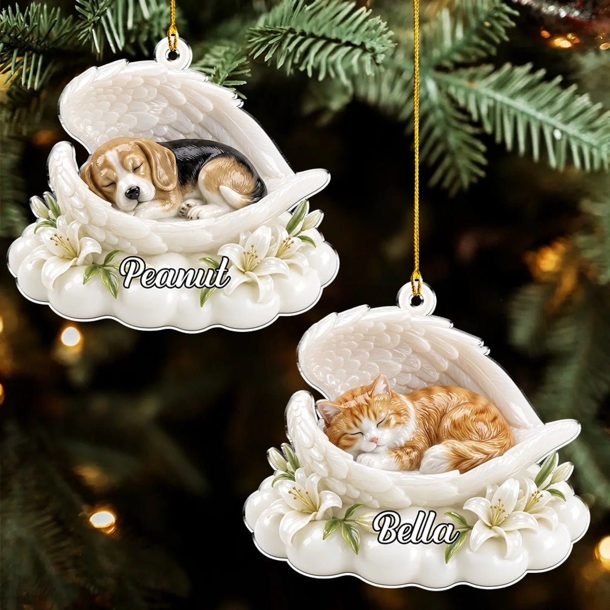 Custom Christmas Memorial Sympathy Gifts For Dogs, Cats • Dog Angel Wings - Personalized 3D Effect Acrylic Ornament