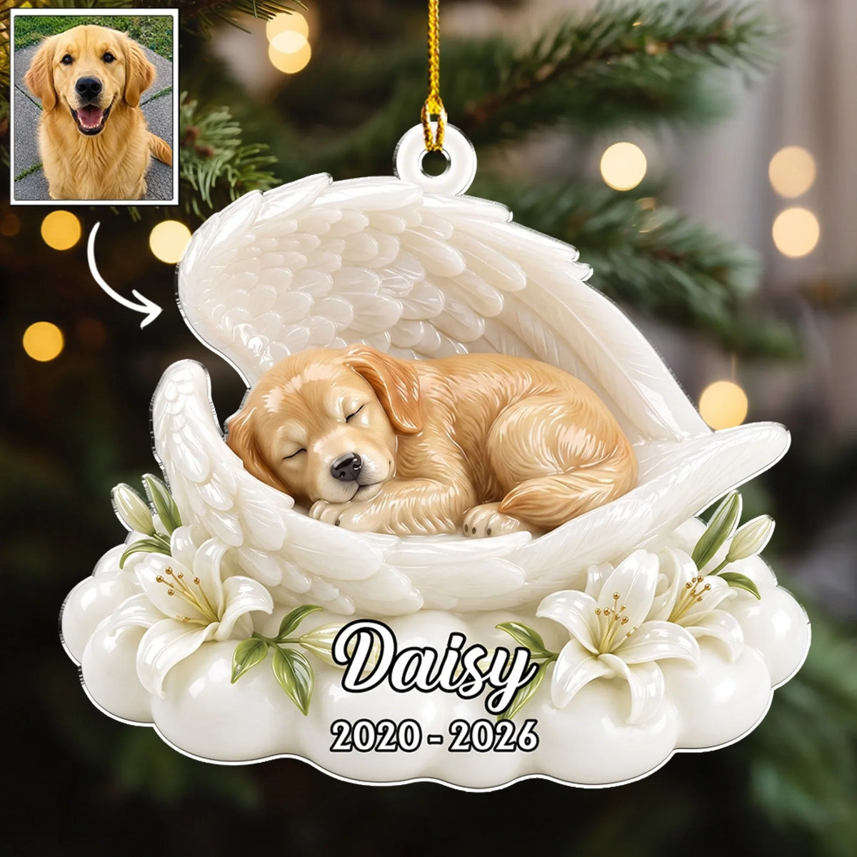 Custom Christmas Memorial Sympathy Gifts For Dogs, Cats • Dog Angel Wings - Personalized 3D Effect Acrylic Ornament