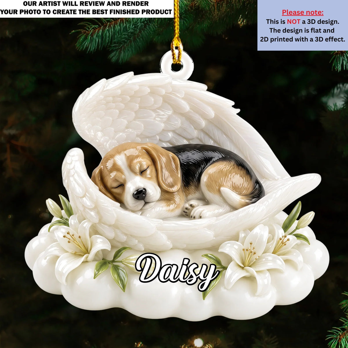 Custom Christmas Memorial Sympathy Gifts For Dogs, Cats • Dog Angel Wings - Personalized 3D Effect Acrylic Ornament