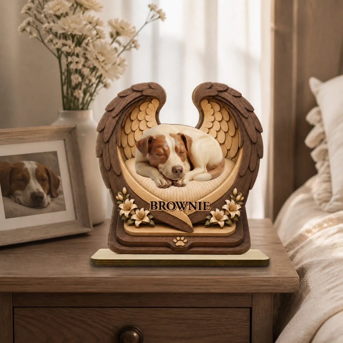 Angel Wings Memorial - Personalized 2-Layer Wood Plaque With Flat Base