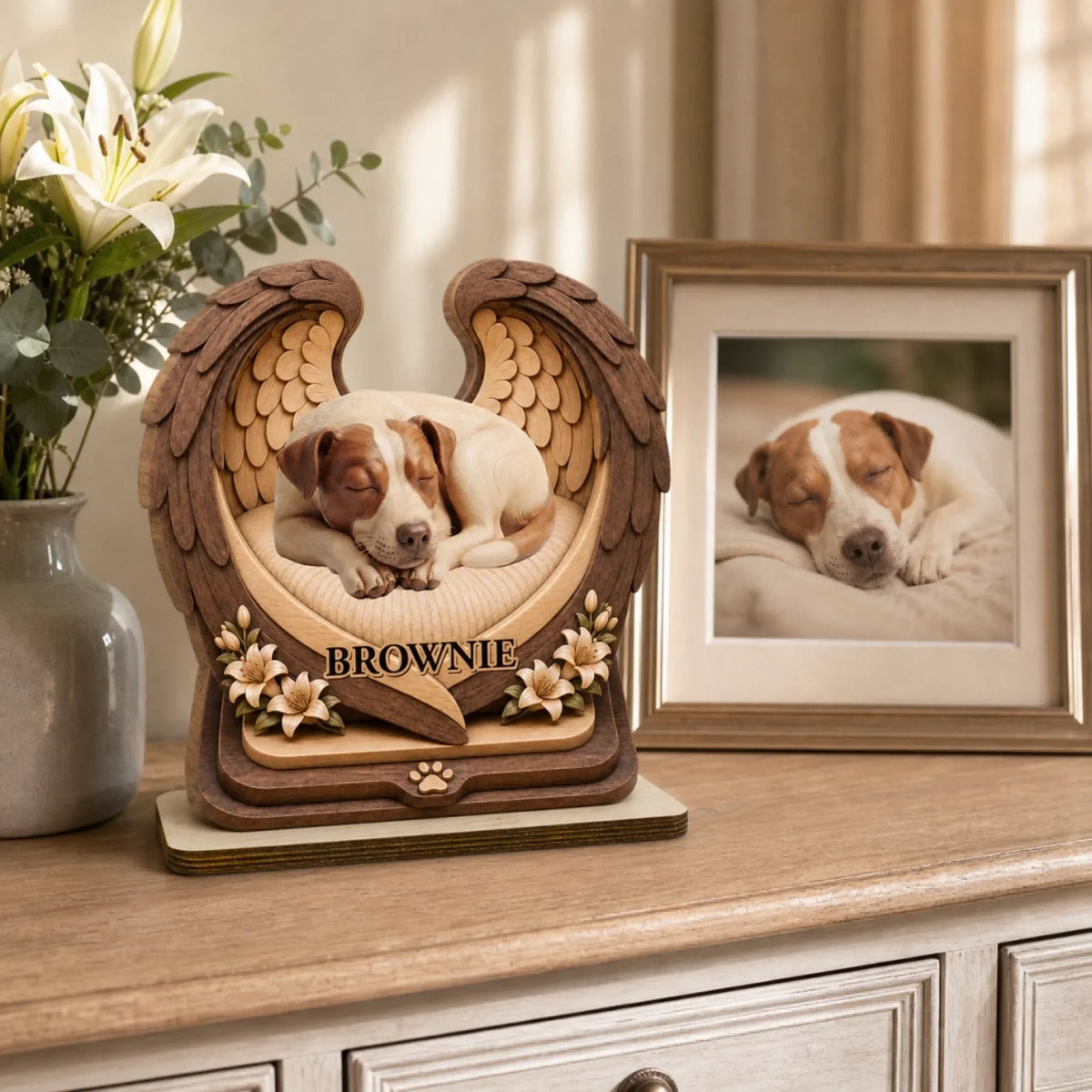 Angel Wings Memorial - Personalized 2-Layer Wood Plaque With Flat Base