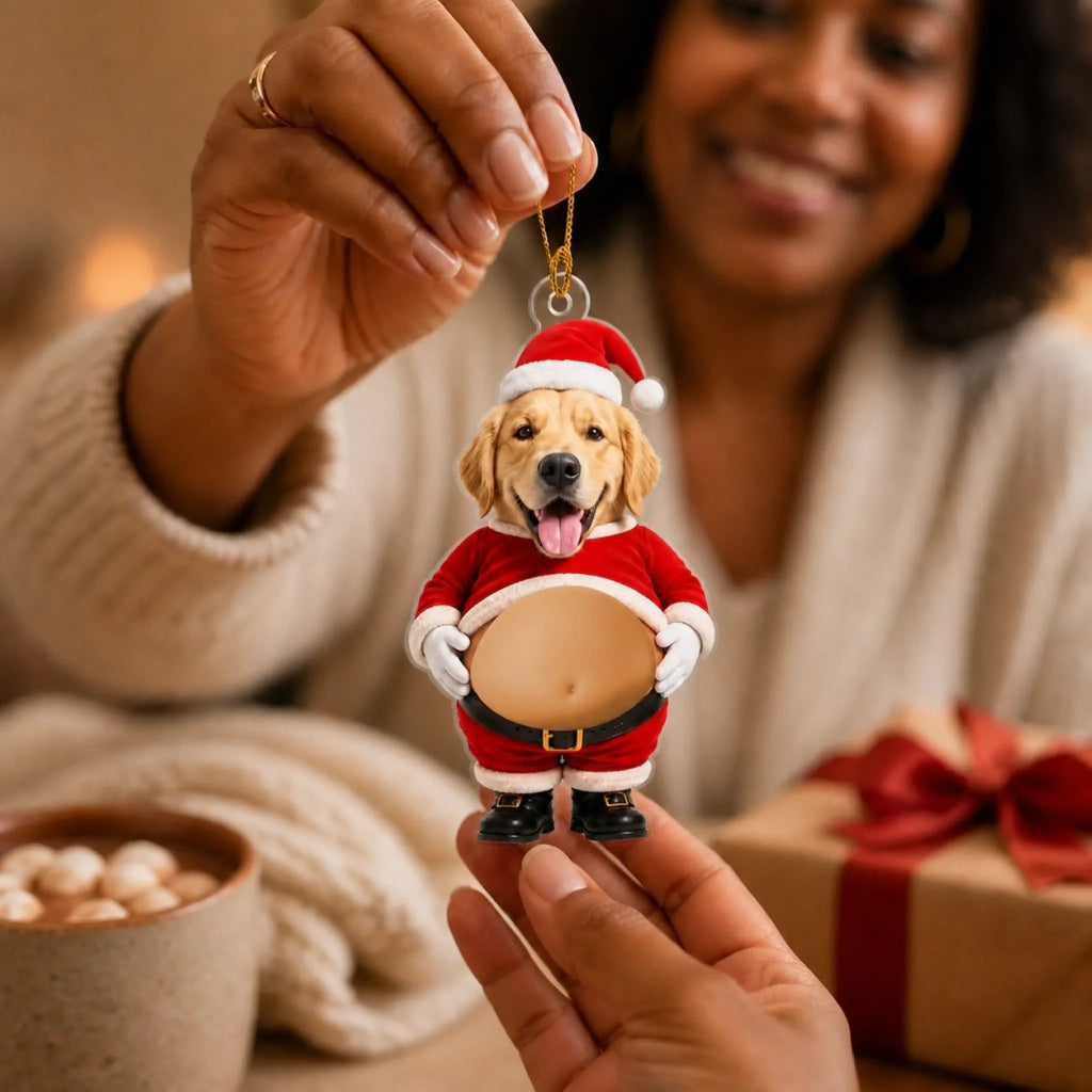 Custom Photo Funny Christmas Ornament For Pet Lovers • Santa Belly Press - Personalized Squishy Acrylic Ornament