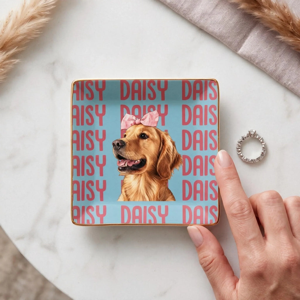 Custom Pet Portrait & Name Jewelry Dish for Dog Mom • Dog Lover Watercolor - Personalized Jewelry Dish