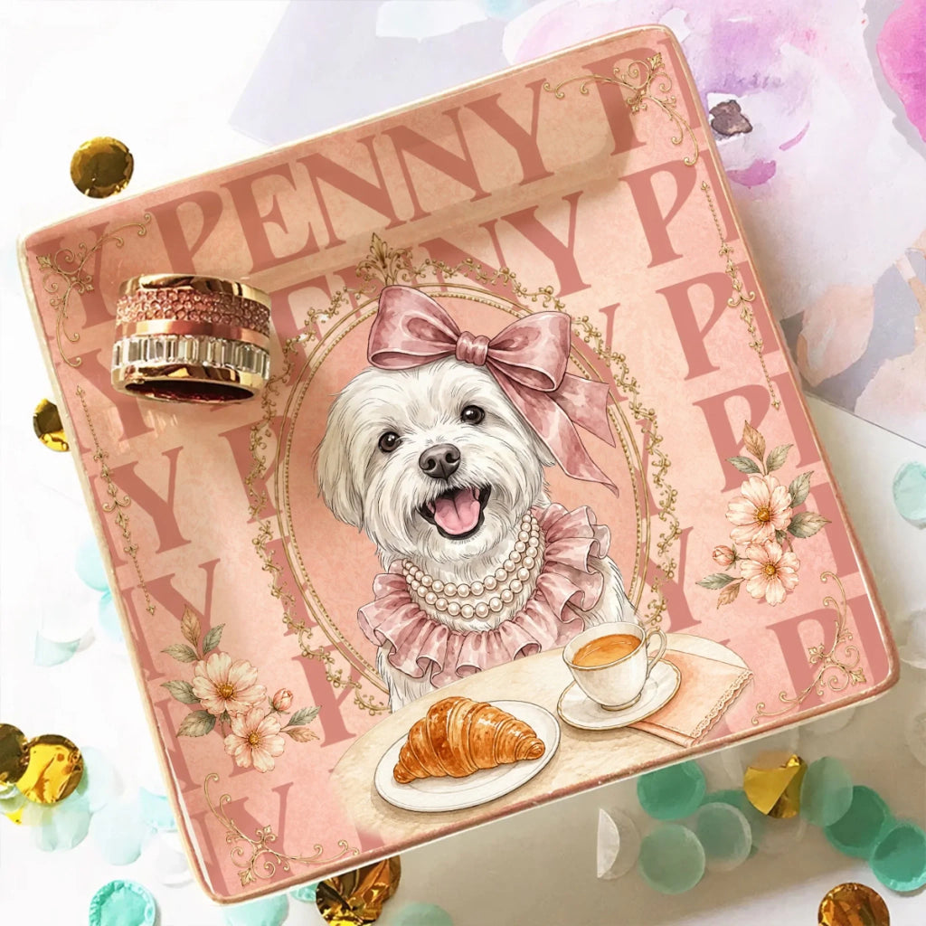 Custom Dog Portrait Watercolor Trinket Dish Gift For Dog Mom, Dog Lovers • Fancy Dog - Personalized Jewelry Dish