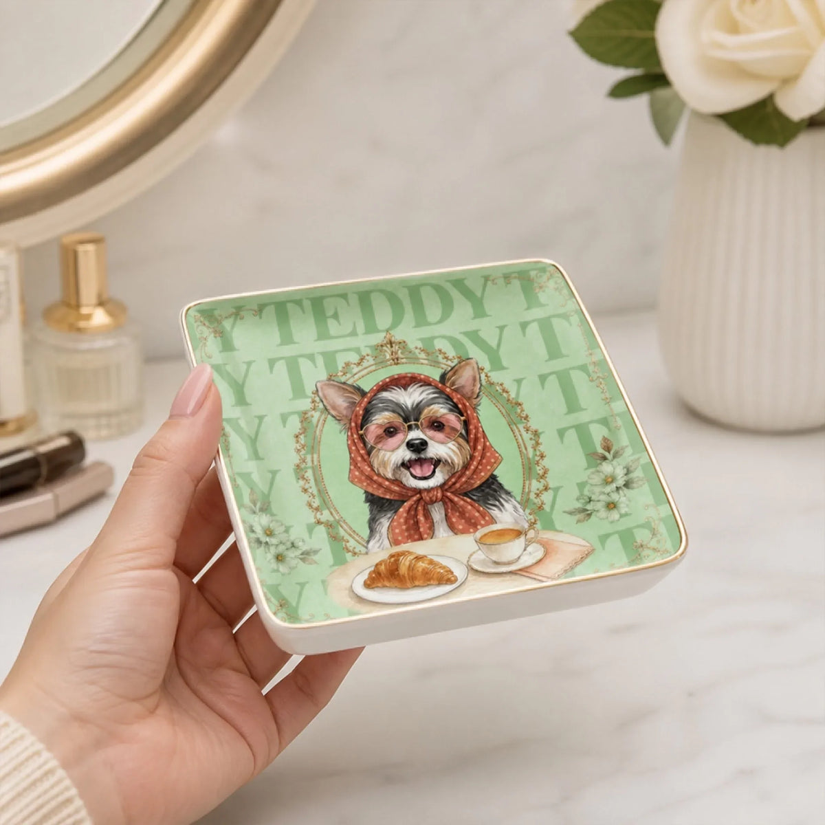 Custom Dog Portrait Watercolor Trinket Dish Gift For Dog Mom, Dog Lovers • Fancy Dog - Personalized Jewelry Dish