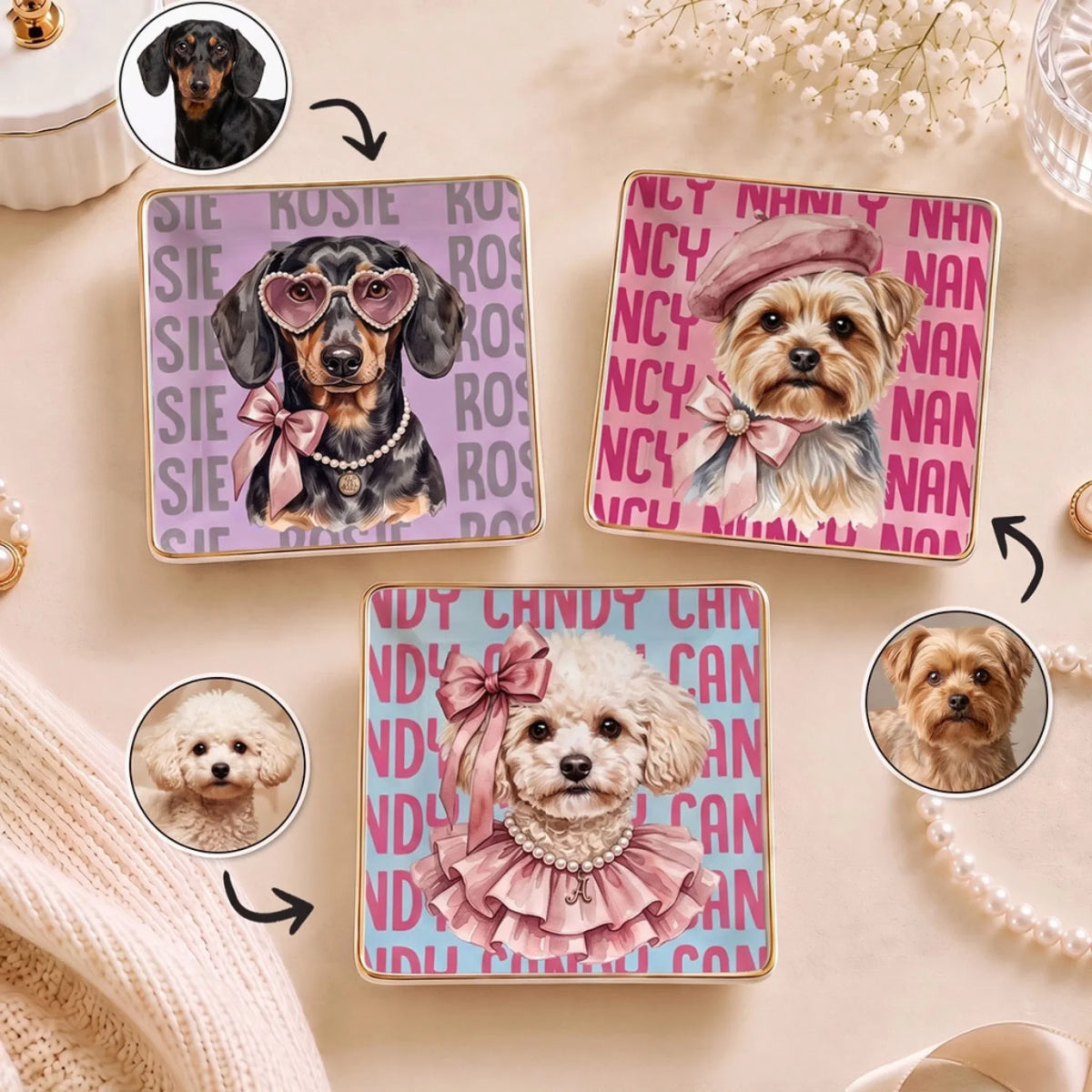 Custom Dog Portrait Watercolor Trinket Dish Gift For Dog Mom, Dog Lovers • Baroque Girl - Personalized Jewelry Dish