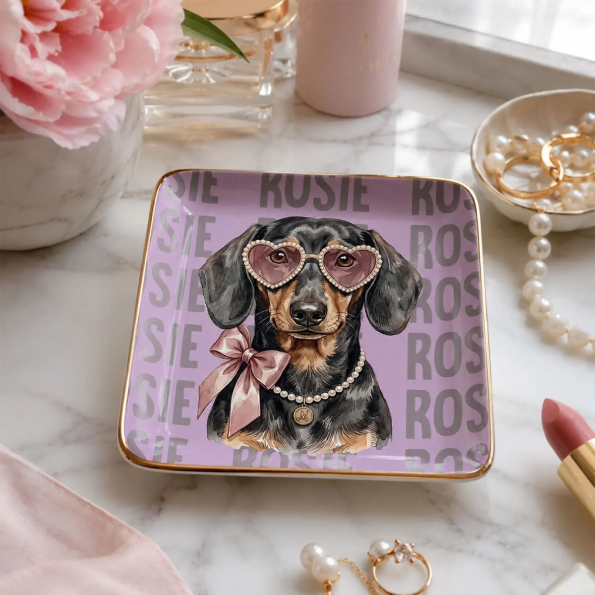Custom Dog Portrait Watercolor Trinket Dish Gift For Dog Mom, Dog Lovers • Baroque Girl - Personalized Jewelry Dish