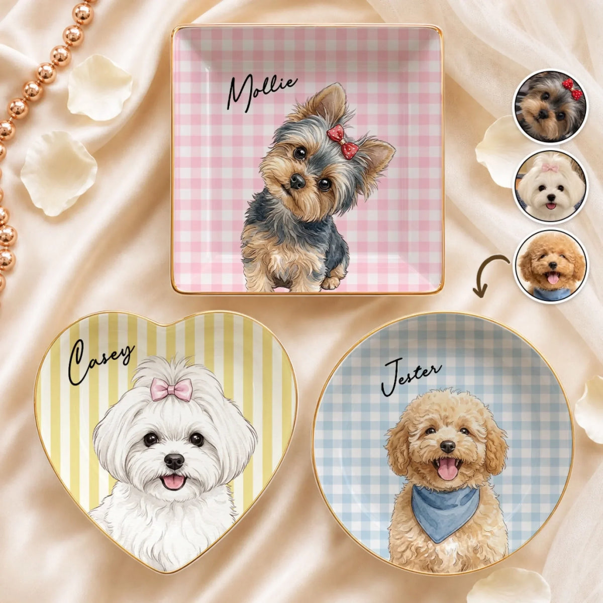 Custom Dog Portrait Watercolor Trinket Dish Gift For Dog Mom • Stripe Of Pawfection - Personalized Jewelry Dish