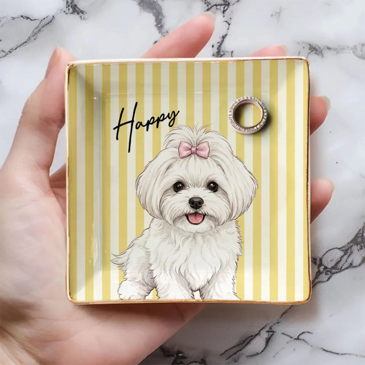 Custom Dog Portrait Watercolor Trinket Dish Gift For Dog Mom • Stripe Of Pawfection - Personalized Jewelry Dish