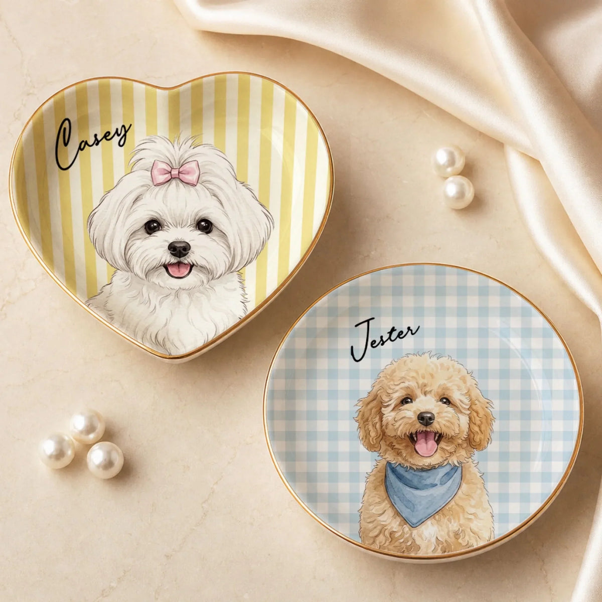 Custom Dog Portrait Watercolor Trinket Dish Gift For Dog Mom • Stripe Of Pawfection - Personalized Jewelry Dish