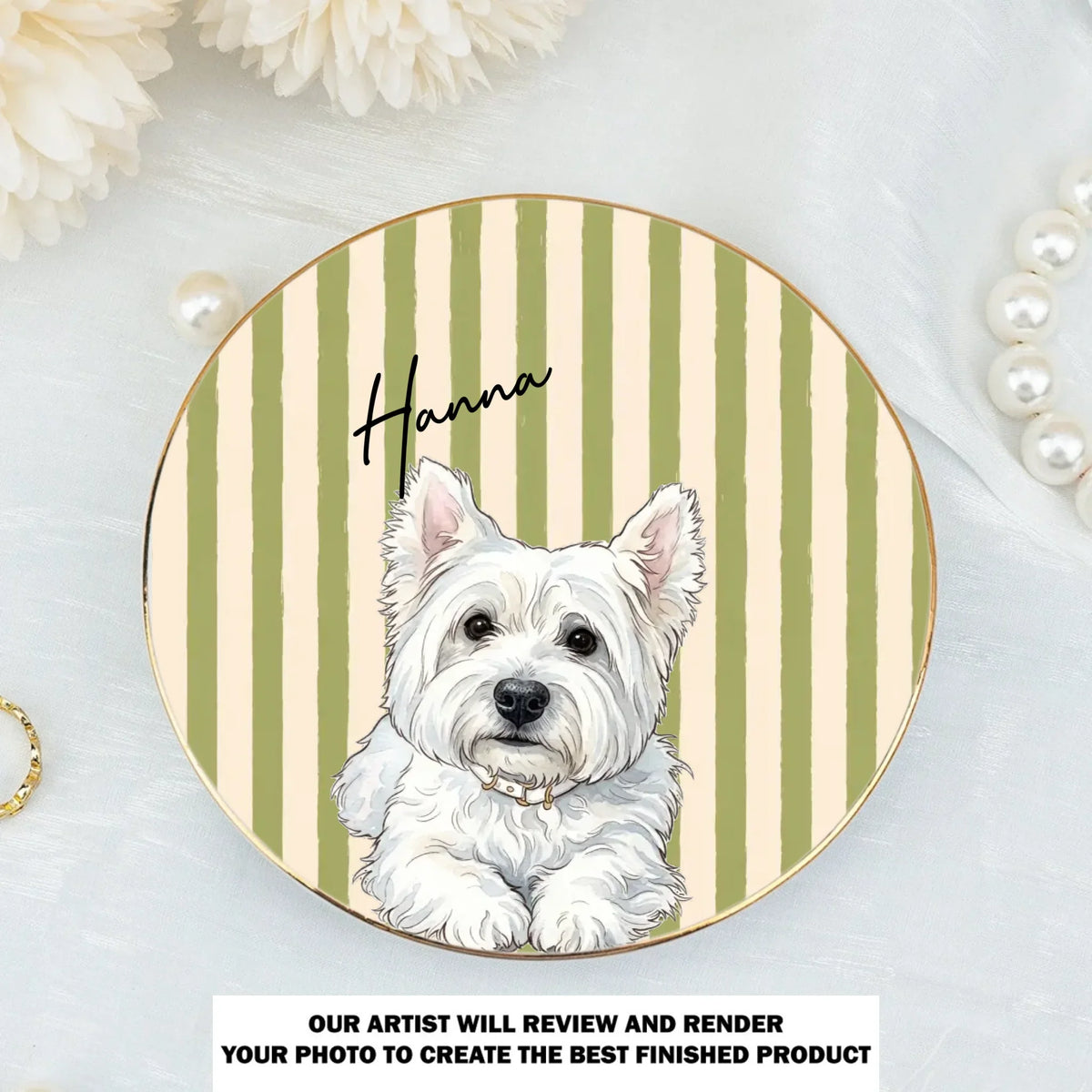 Custom Dog Portrait Watercolor Trinket Dish Gift For Dog Mom • Stripe Of Pawfection - Personalized Jewelry Dish