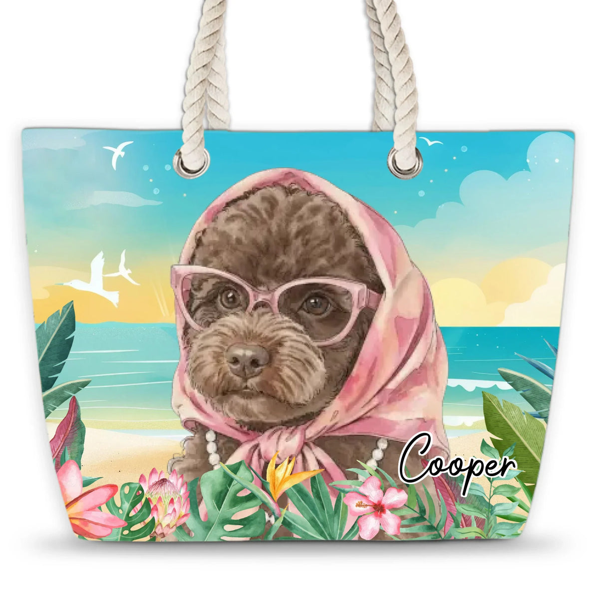 Custom Photo Summer Trips Birthday Gifts For Dog Mom • Dog At The Beach Watercolor - Personalized Beach Bag