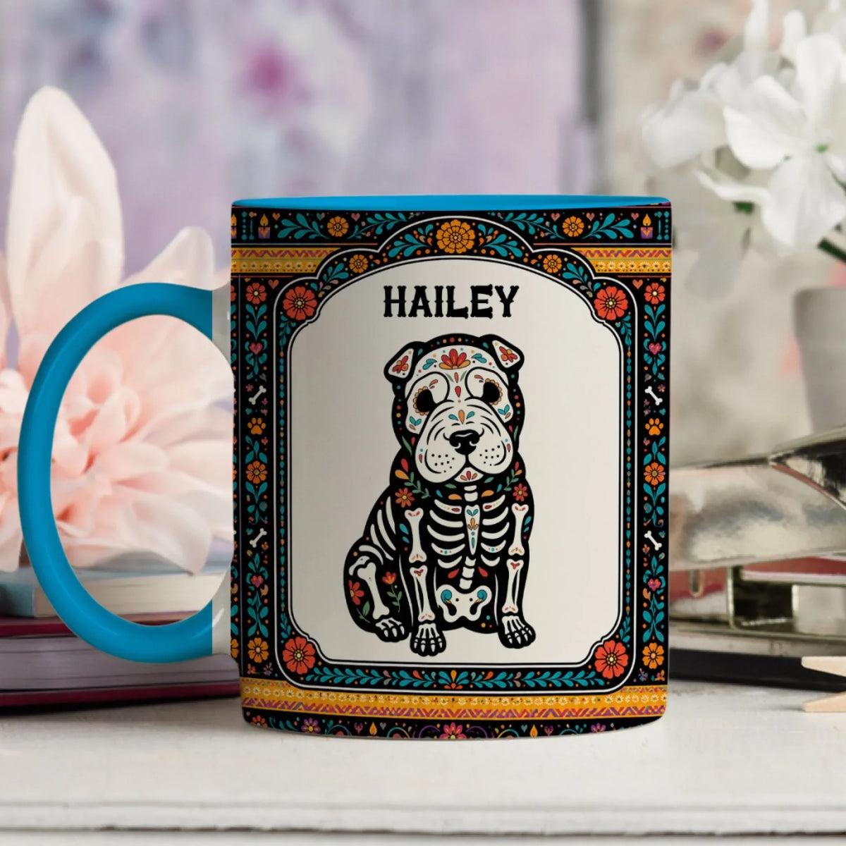 Custom Christmas Birthday Gifts For Pet Lovers • Skeleton Pup Fiesta - Personalized Accent Mug