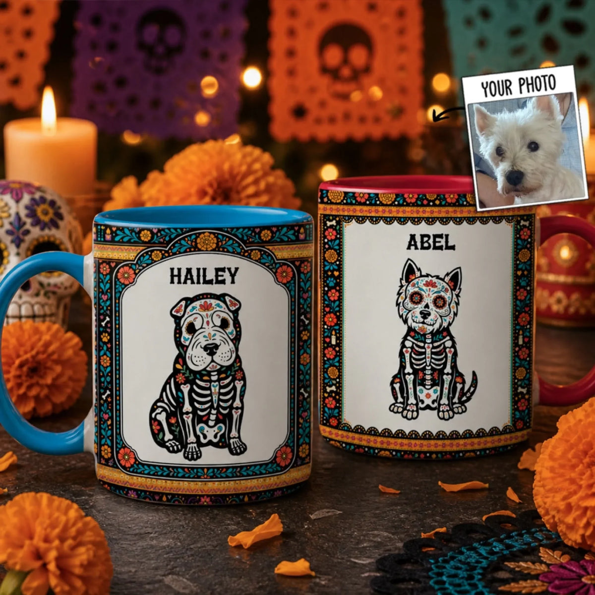 Custom Christmas Birthday Gifts For Pet Lovers • Skeleton Pup Fiesta - Personalized Accent Mug