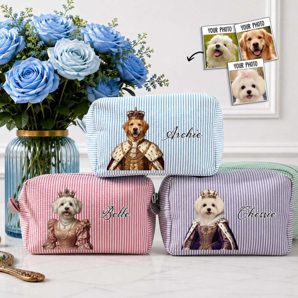 Royal Pawtique - Personalized Seersucker Print Makeup Bag