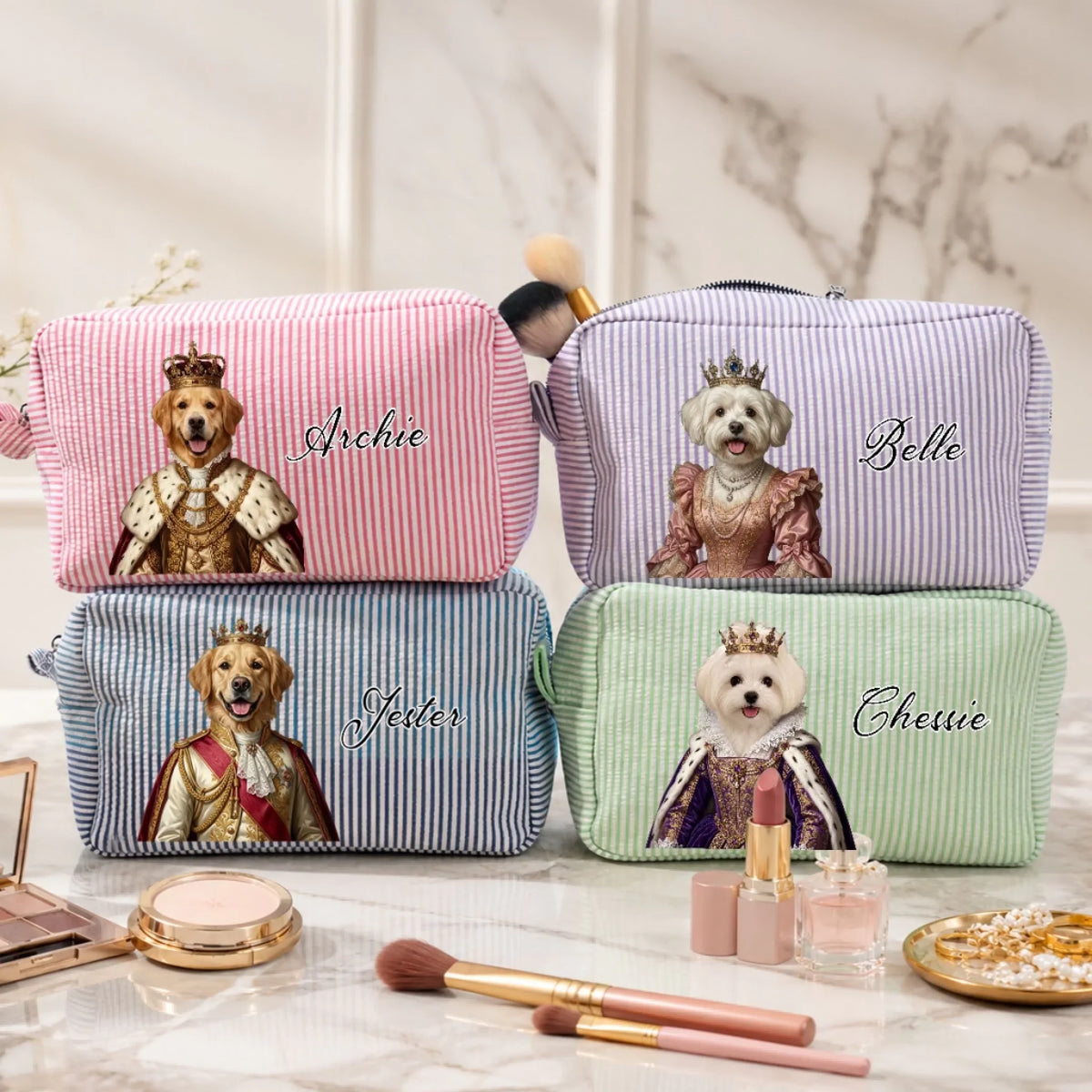 Royal Pawtique - Personalized Seersucker Print Makeup Bag