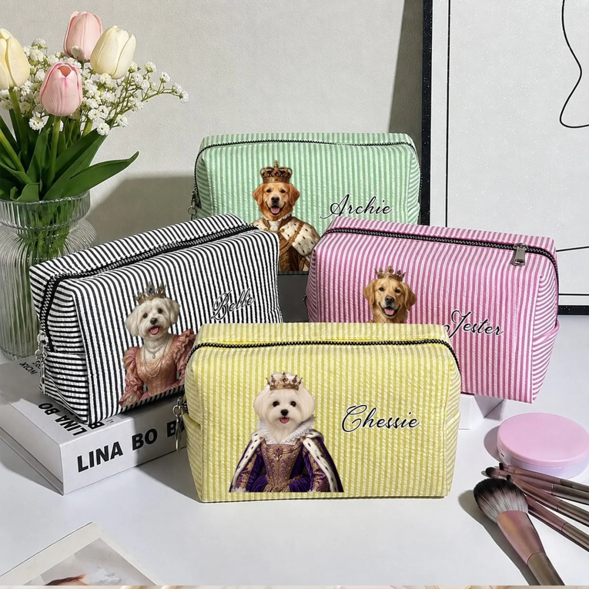 Royal Pawtique - Personalized Seersucker Print Makeup Bag