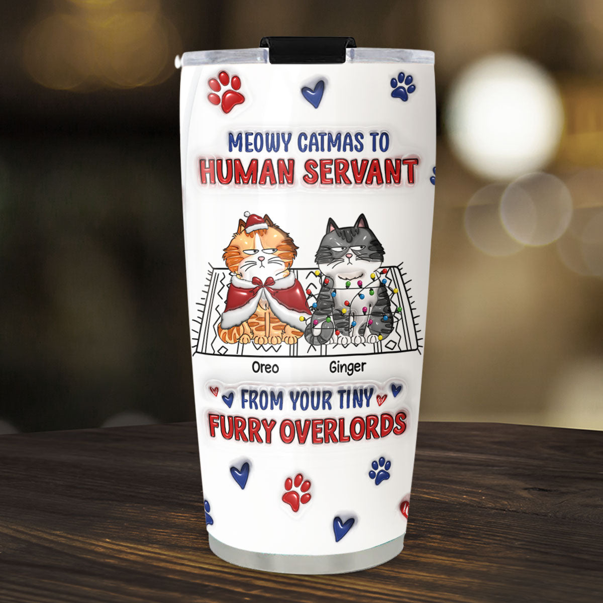 Custom Mother's day Birthday Gifts For Pet Mom, Pet Lovers • Meowy Catmas To Human Servant Ver 2 - Personalized 3D Inflated Effect Tumbler