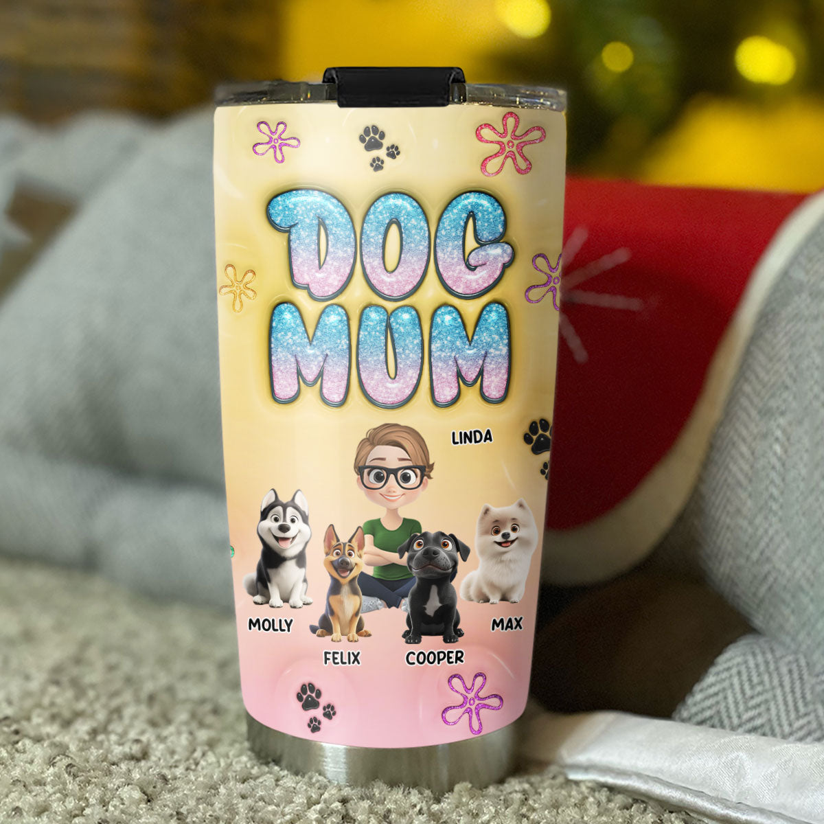 Custom Christmas Birthday Gifts For Dog Mom, Dog Lovers • Cheese Dog Mama Cartoon - Personalized 3D Inflated Effect Tumbler