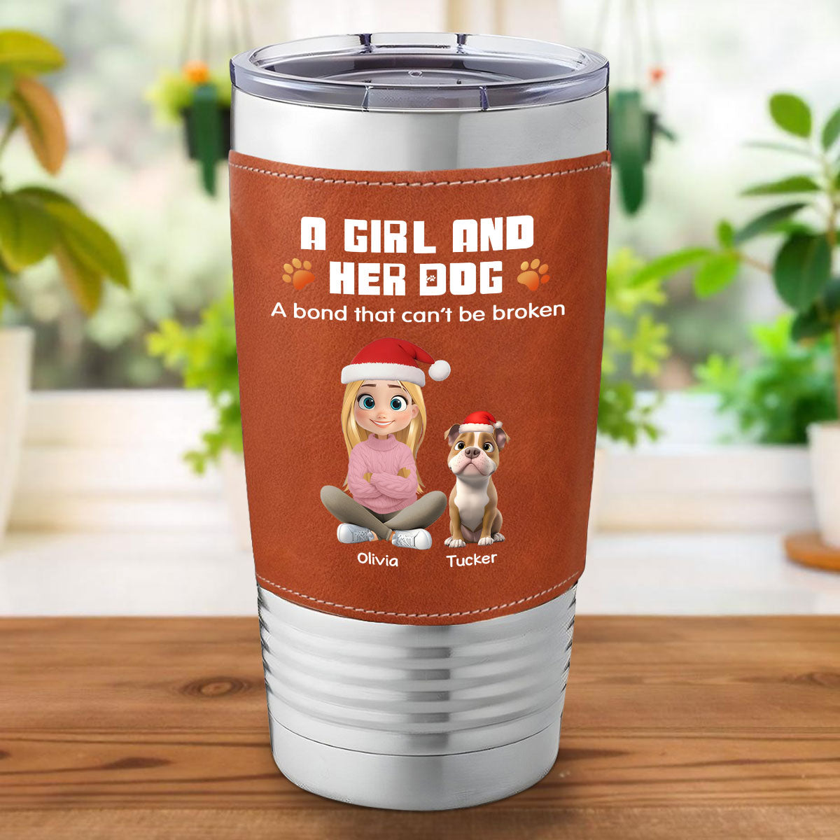Custom Christmas Birthday Gifts For Dog Lovers • Human And Their Dog Cartoon Christmas - Personalized Leather Tumbler