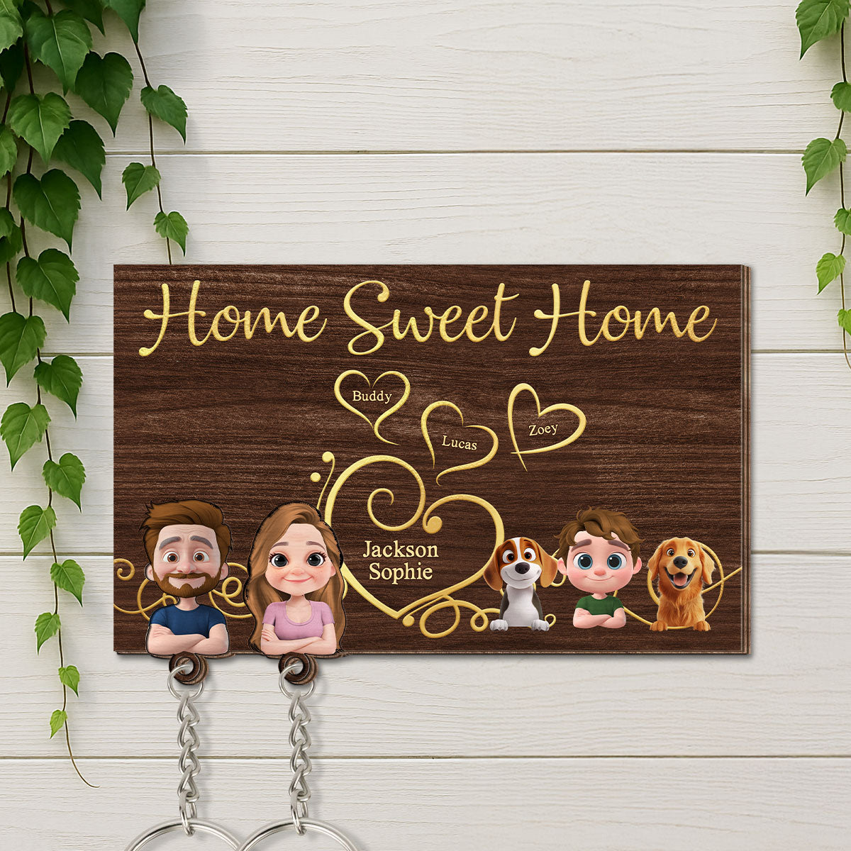 The Heart Is The Key To Home - Personalized Wooden Key Holder With Keychain