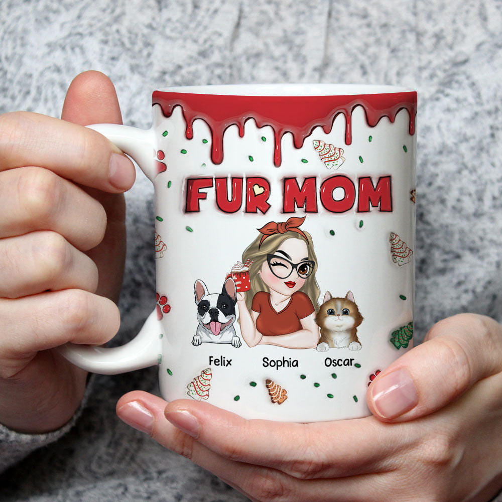 Custom Mother's day Birthday Gifts For Dog Mom, Dog Lovers • Fur Mom Christmas Cake - Personalized 3D Inflated Effect Mug