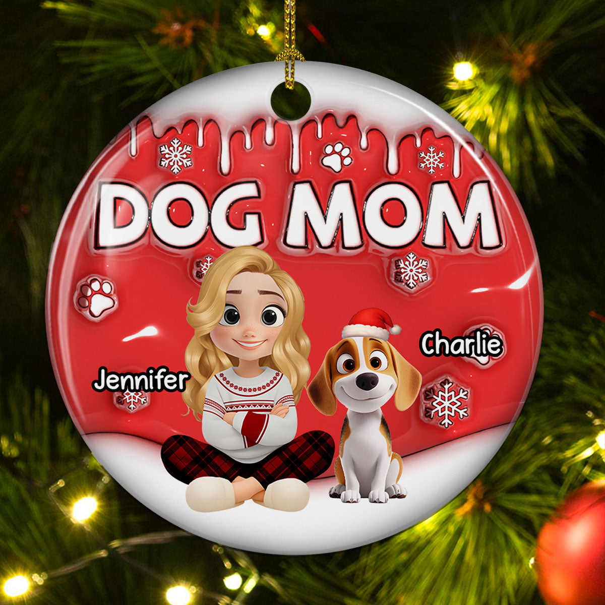 Custom Christmas Decor Home Birthday Gifts For Dog Mom, Dog Lovers • Dog Mom Cartoon In Christmas - Personalized 3D Inflated Effect Ceramic Ornament