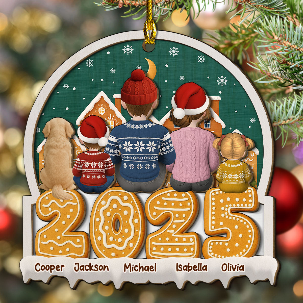 Custom Christmas Decor Home Birthday Gifts For Dog Lovers • Cartoon Family And Pet Gingerbread Cookies - Personalized 2-layered Wood Ornament