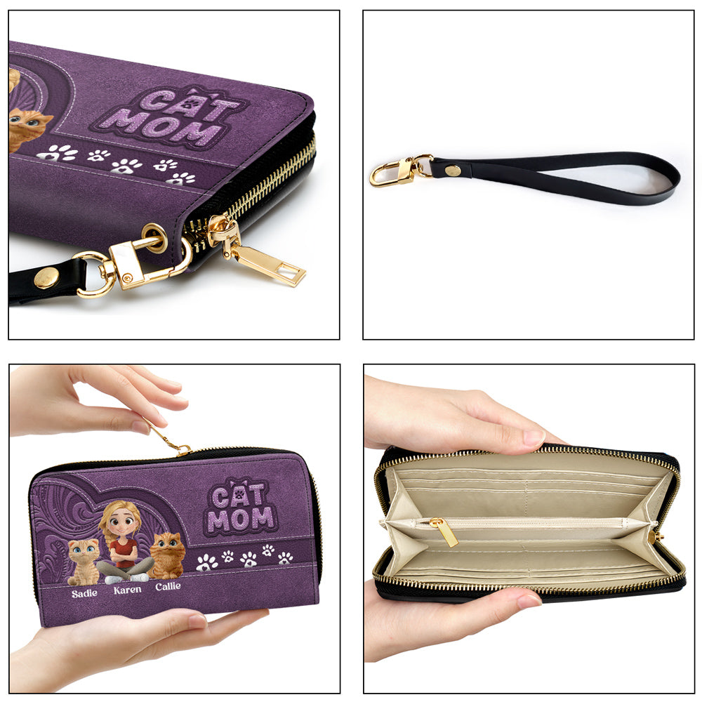 Chibi Cartoon Cat Mom - Personalized Leather Wallet