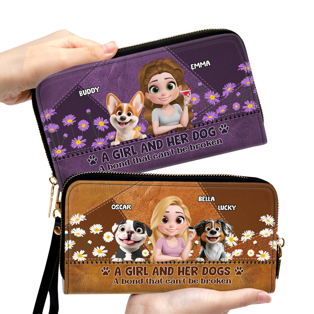 A Girl And Her Dogs Cartoon - Personalized Leather Wallet