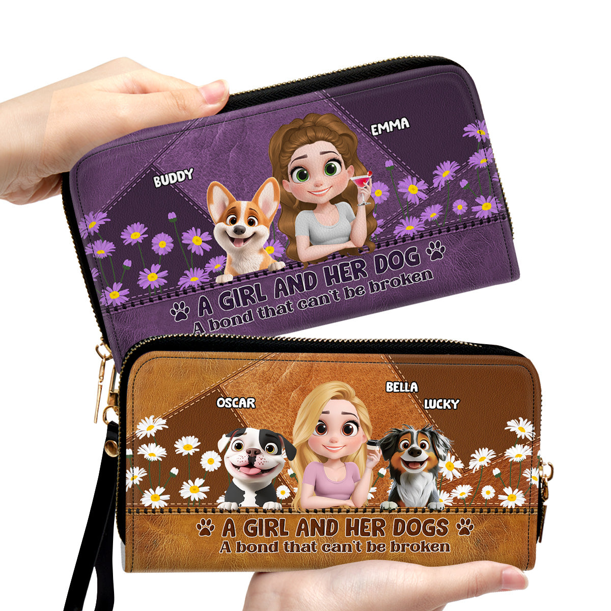 A Girl And Her Dogs Cartoon - Personalized Leather Wallet