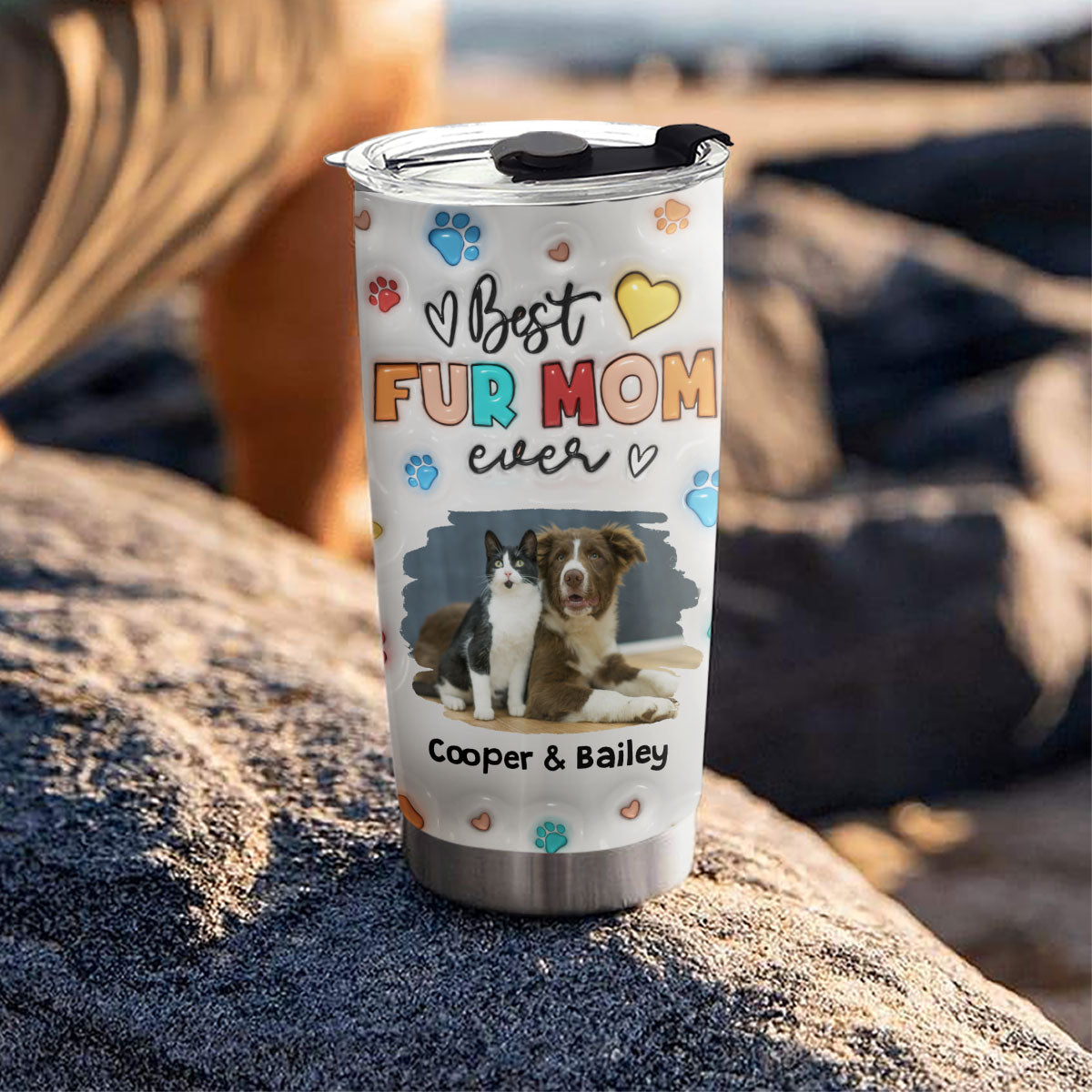 Custom Mother's day Birthday Gifts For Pet Mom, Pet Lovers • Proud To Be Fur Mom Photo - Personalized 3D Inflated Effect Tumbler